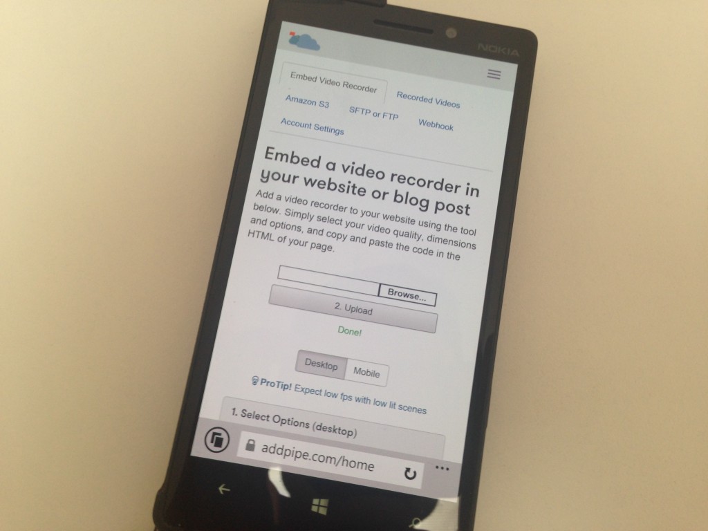 Internet Explorer on Nokia Lumia 930 showing a video recording from Pipe