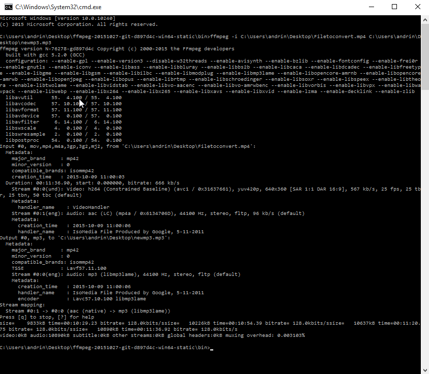 Terminal log. Ffmpeg aac. Ffmpeg mp4 to mp3. How work Scale ffmpeg.