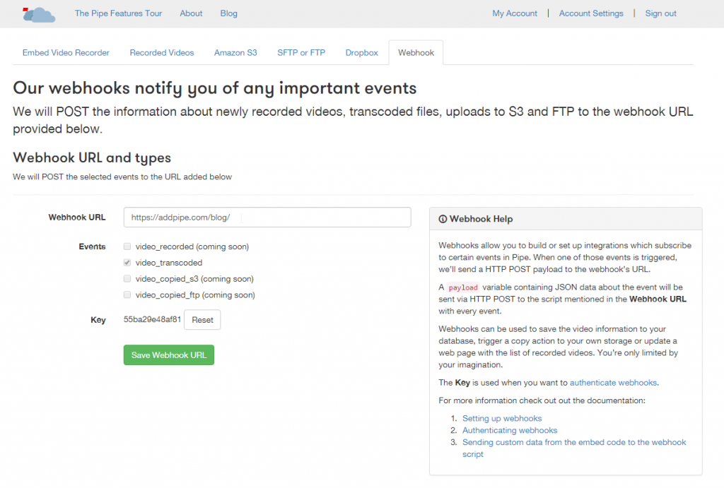 Setting up a webhook in the Pipe account area
