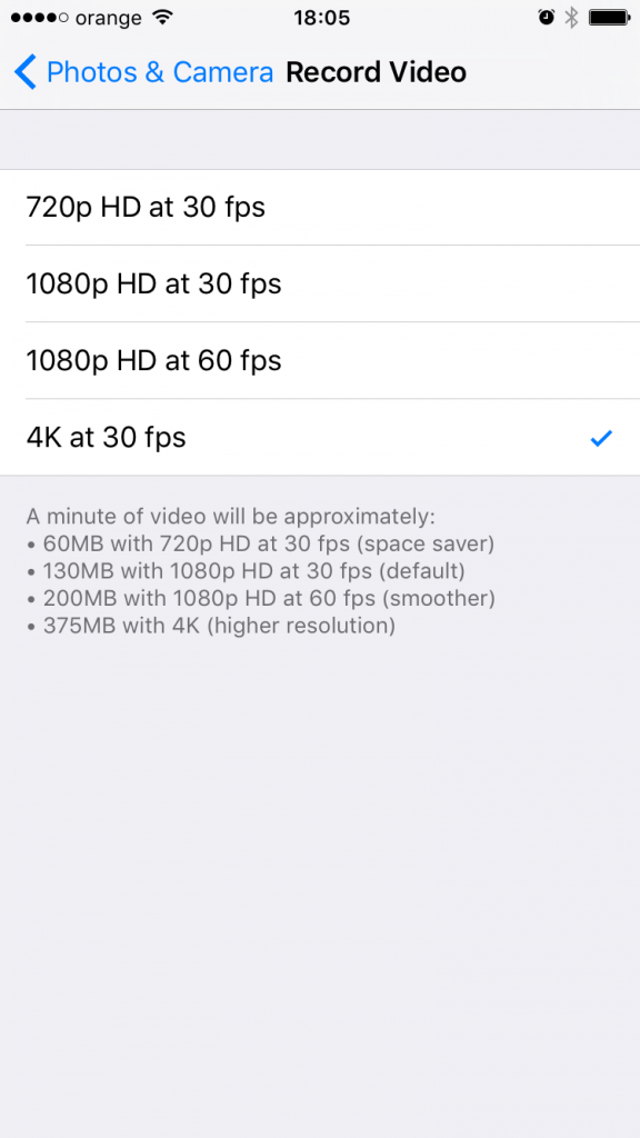 iOS 9’s Pohtos & Camera Record Video settings on an iPhone 6S