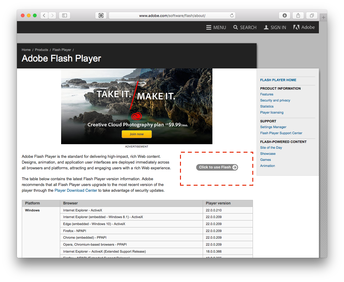 By default, in Safari 10 on macOS Sierra, Flash content is not loaded & run until a Click to use Flash overlay is clicked.