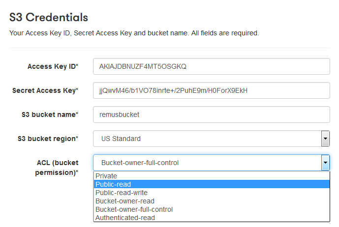 Amazon S3 ACL options in the Pipe account area