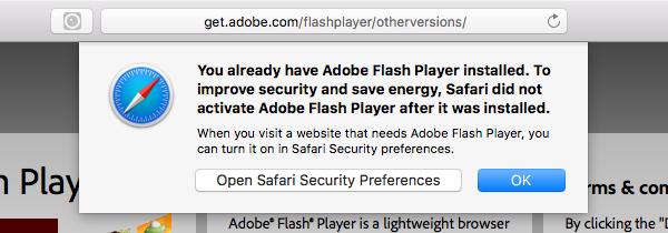 Going directly to http://www.adobe.com/go/getflashplayer on Safari 10 warns you that you already have Flash Player installed