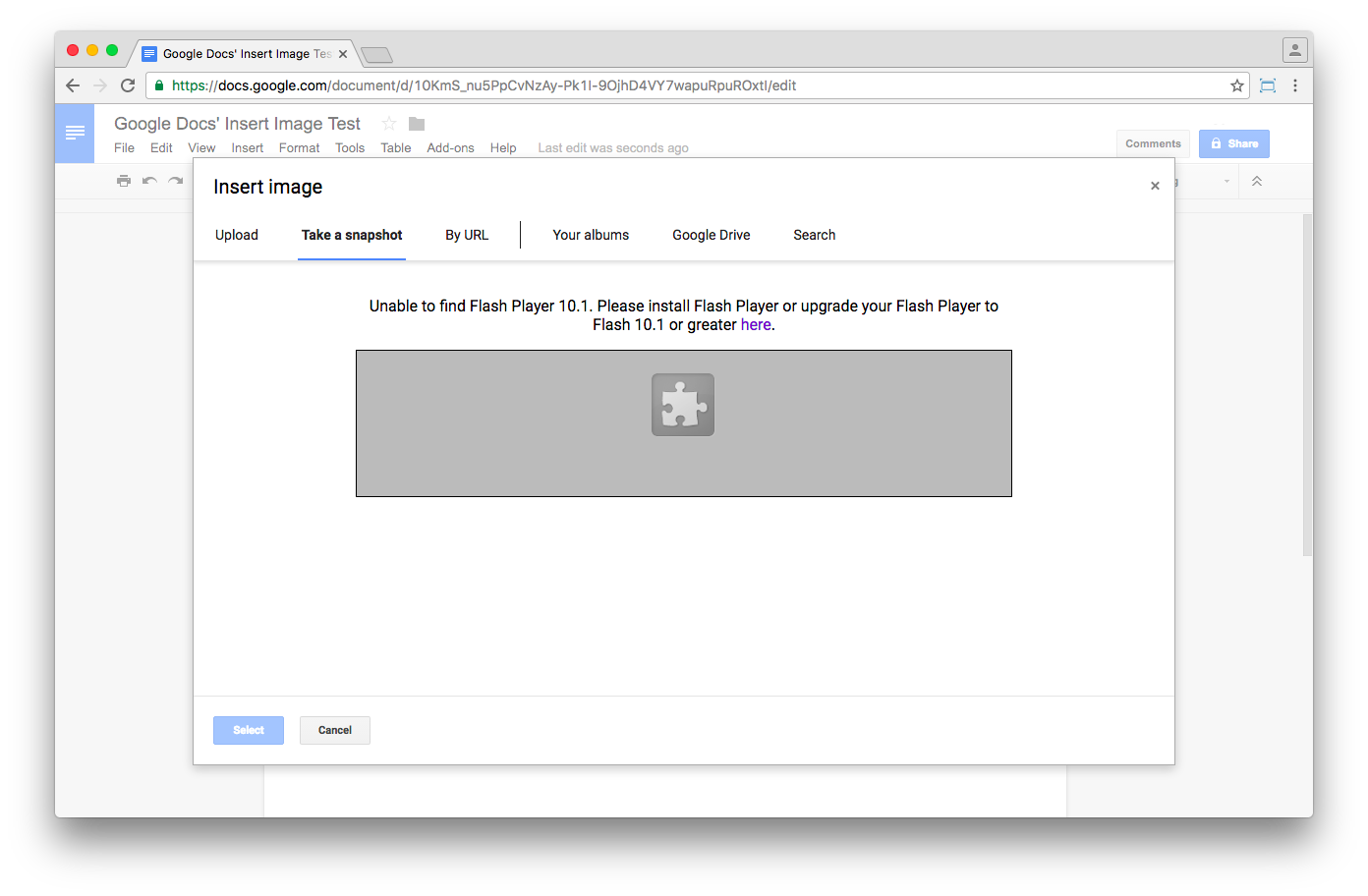 Google Docs' webcam snapshot feature does not work without Flash Player