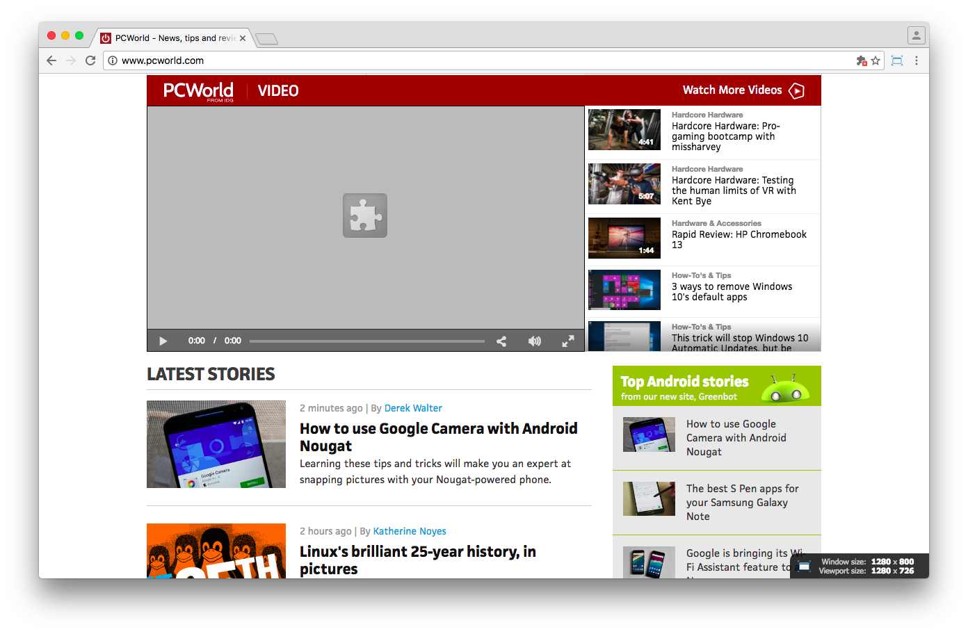 PC World's homepage video playlist immediately jumped to the grey puzzle icon