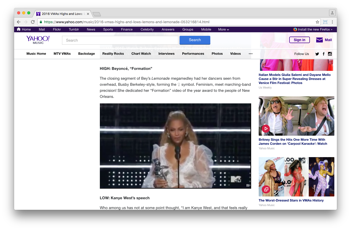 Yahoo's coverage of the VMA's worked without Flash