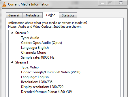 VLC's media information codec window showing audio and video codec details