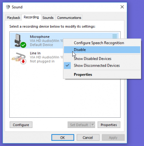 Disabling audio recording devices in Windows 10