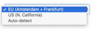 Choosing between the EU, US and AUTO recording regions in the Pipe account area