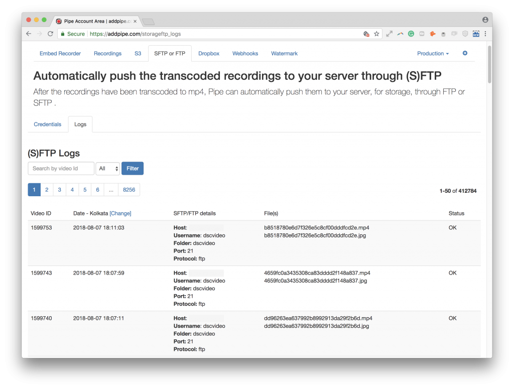 New sections for storage logs show all logs and allow you to filter by recording ID and type (successful or failed)