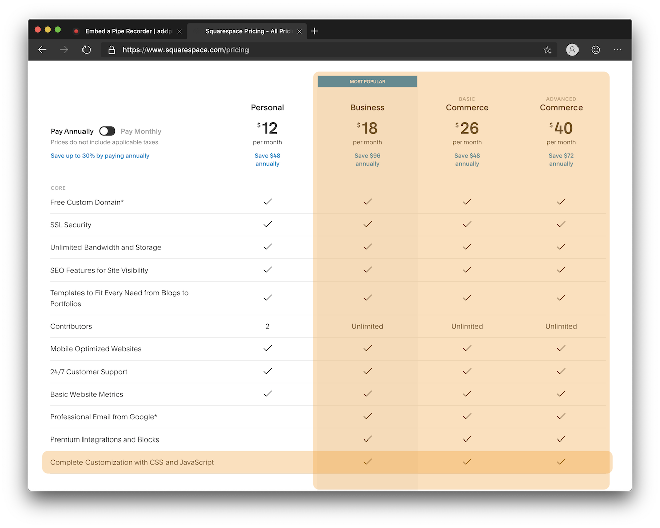 squarespace website pricing