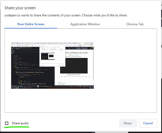 The Chrome modal shown when sharing your screen with the option to share system audio highlighted