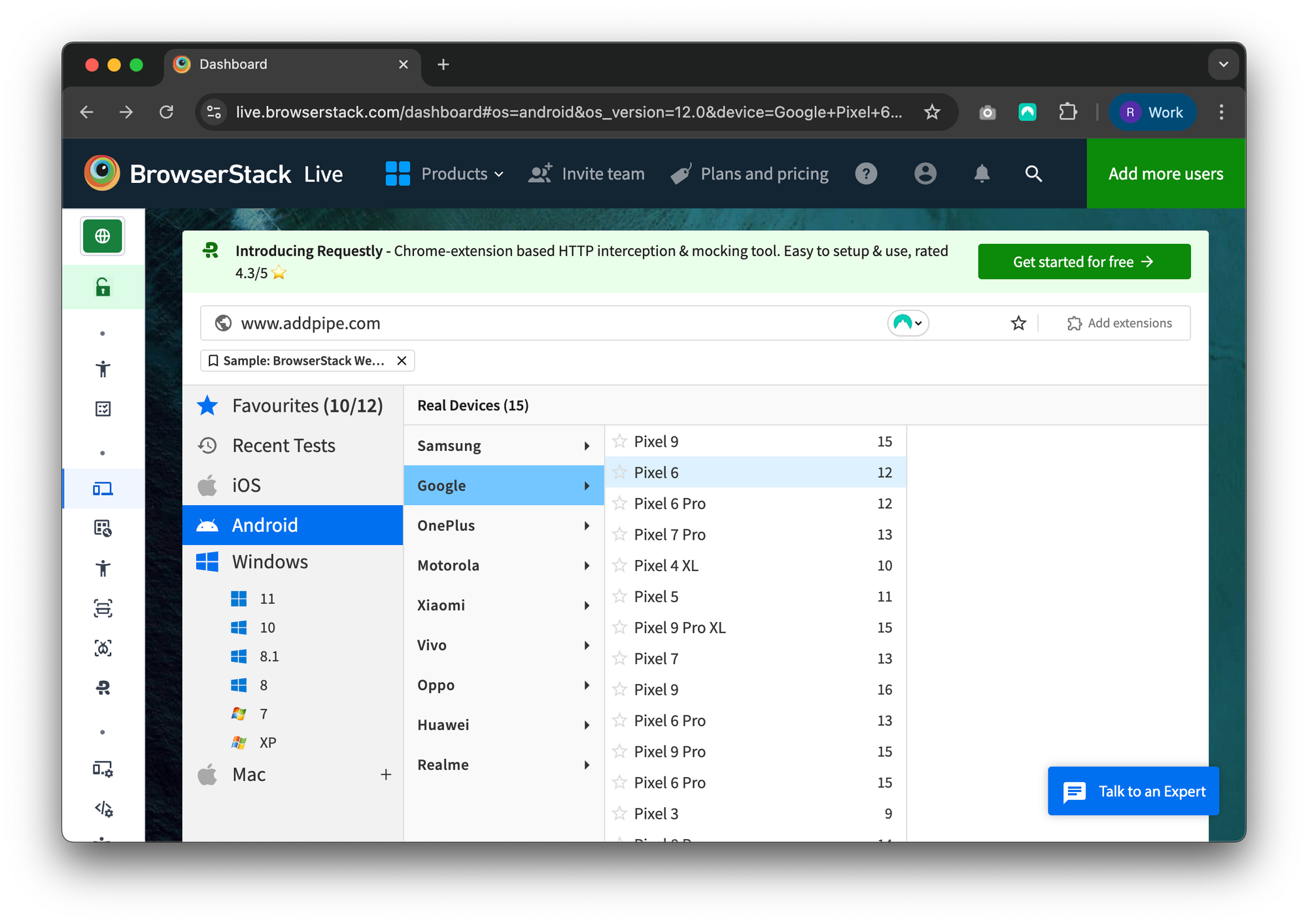 BrowserStack Live dashboard user interface