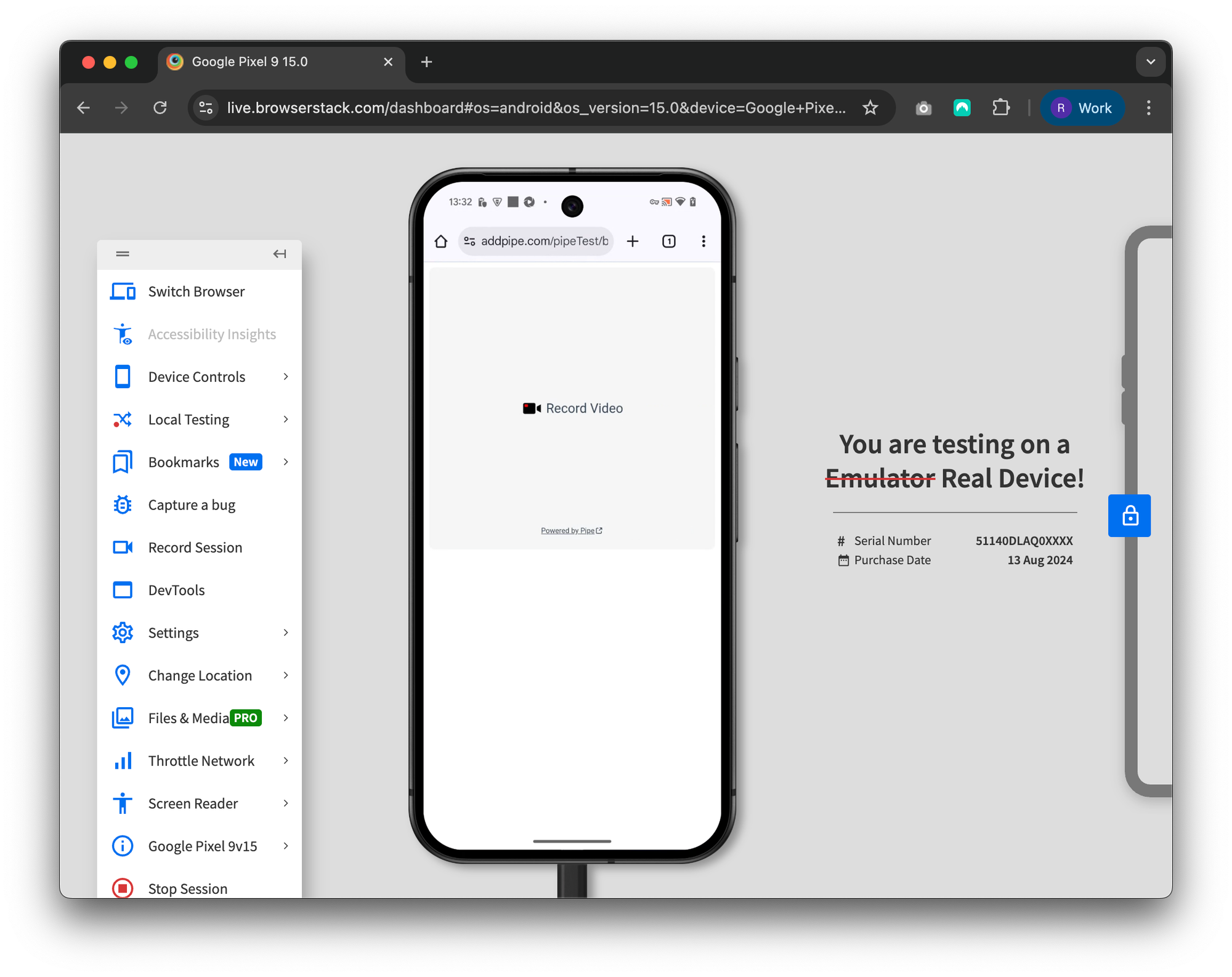 BrowserStack dashboard for testing on a real mobile device