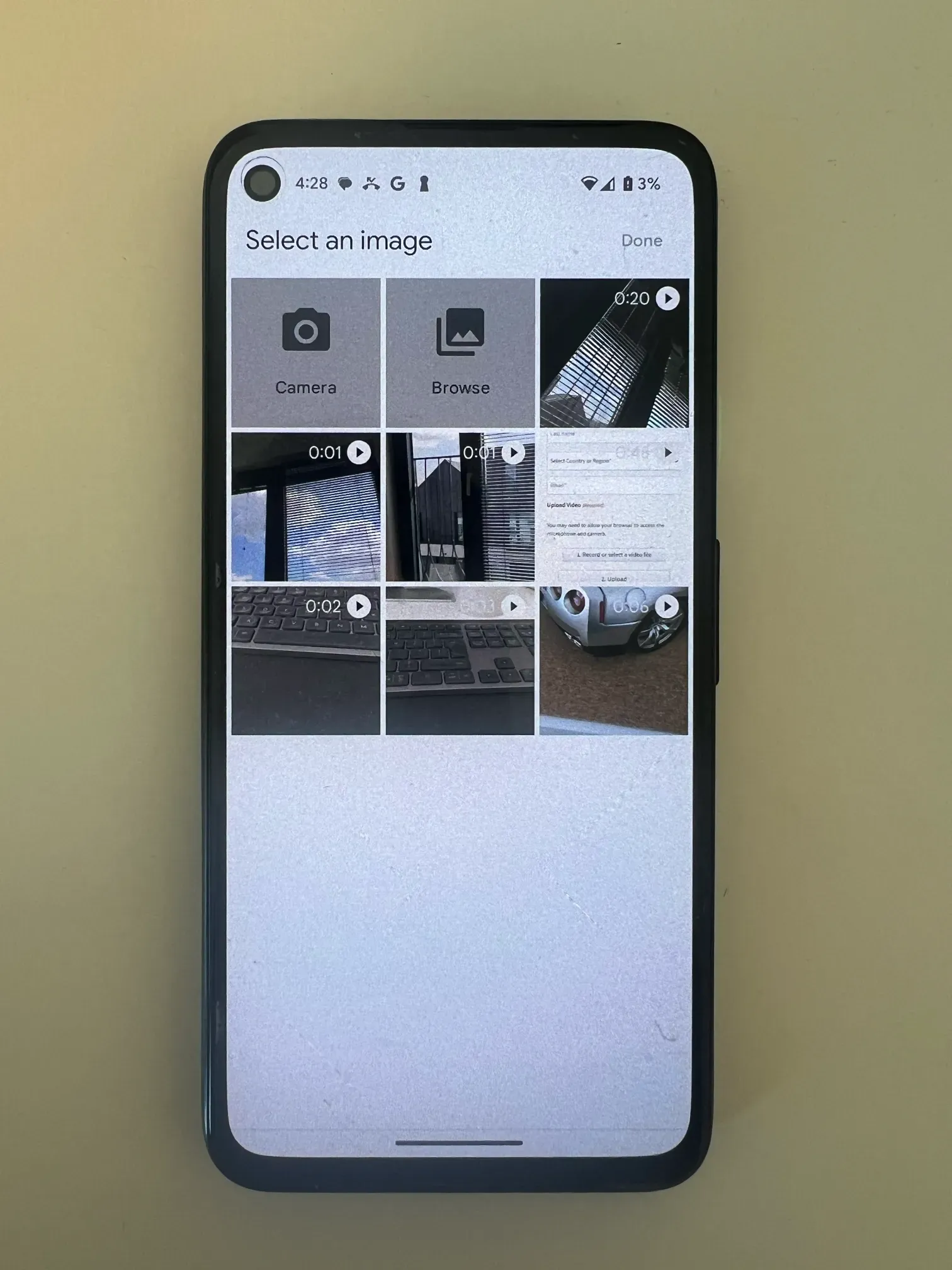 Google Pixel 4a showing the Camera and Browse options