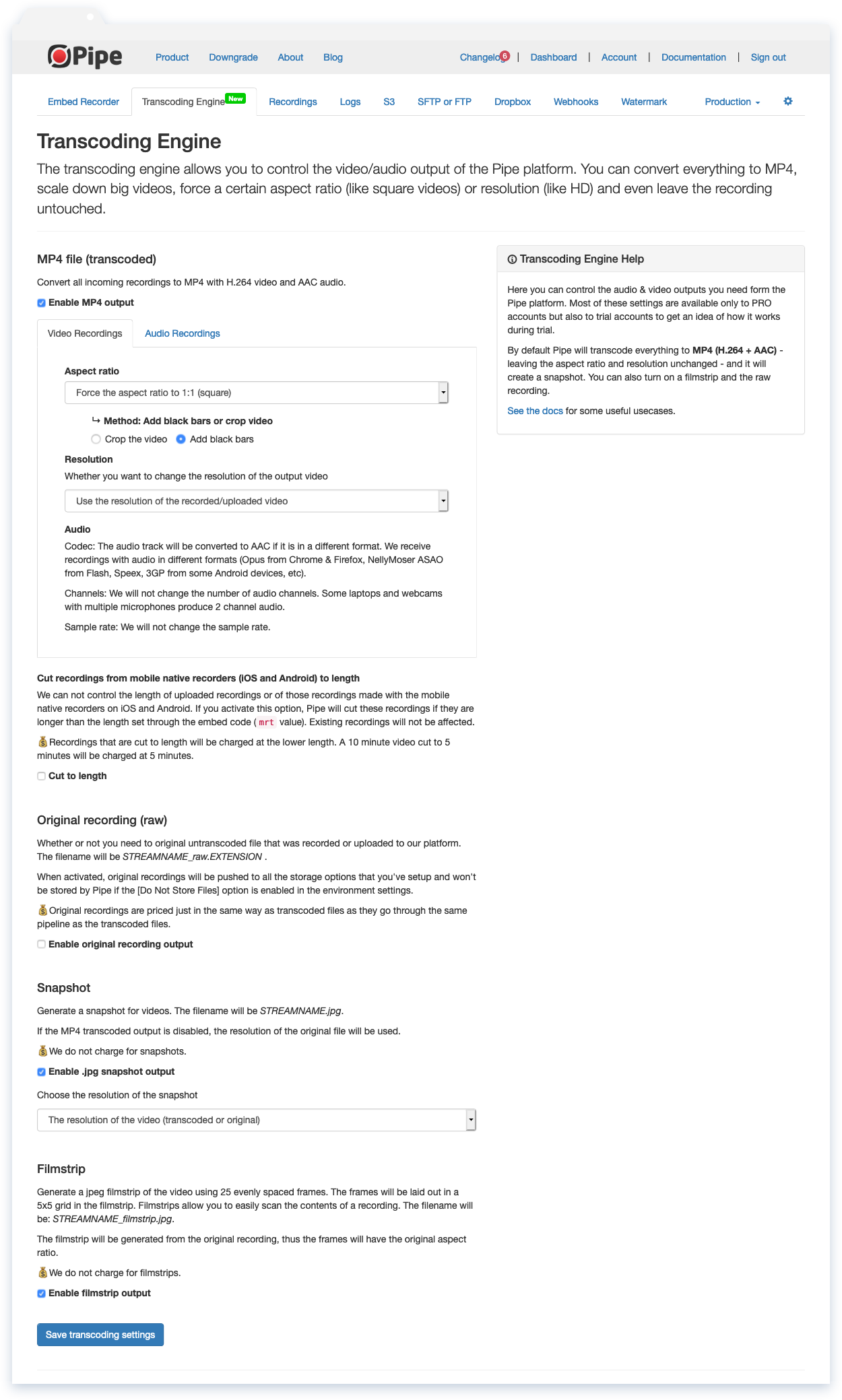 The Transcoding Engine section from the Pipe account area