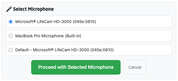 Screenshot showing the mic selection interface with multiple mics listed