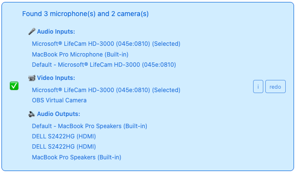 Screenshot of the expandable device list showing multiple microphones, cameras, and speakers with the selected device marked