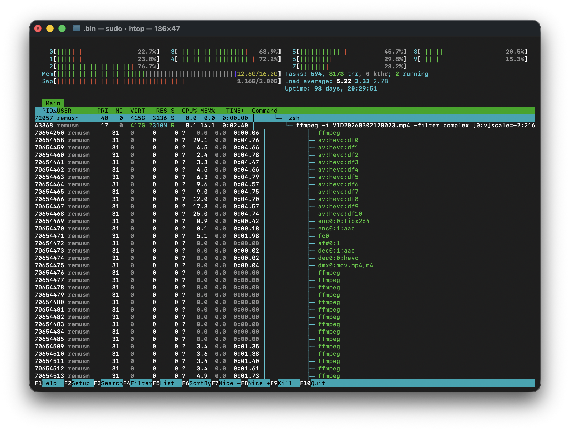 Terminal window with HTOP command running showing FFmpeg threads in action