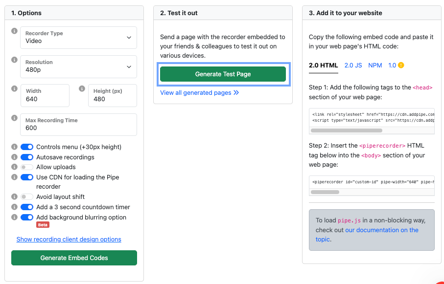 Generate Pipe Recording URL