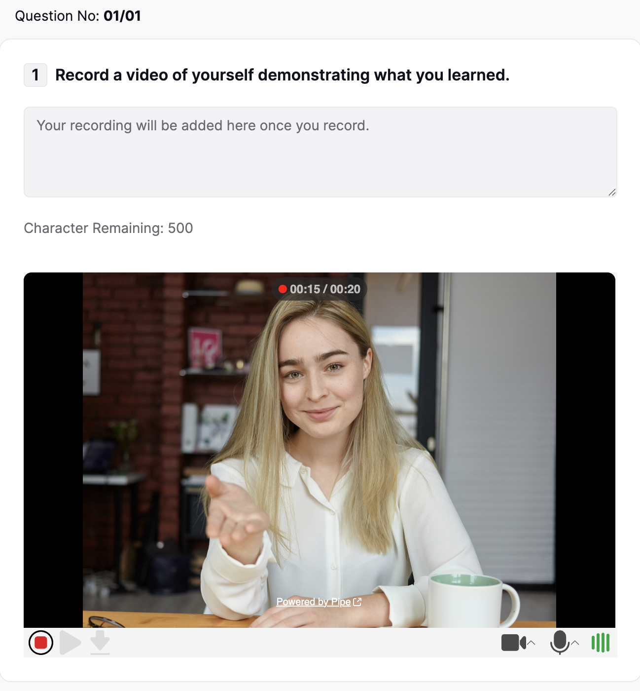 The recorder showing inside a Tutor LMS quiz question, as a student sees it