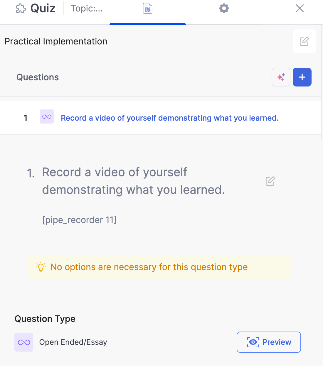 The Tutor LMS course builder with an Open Ended question selected and the shortcode pasted into the Description field