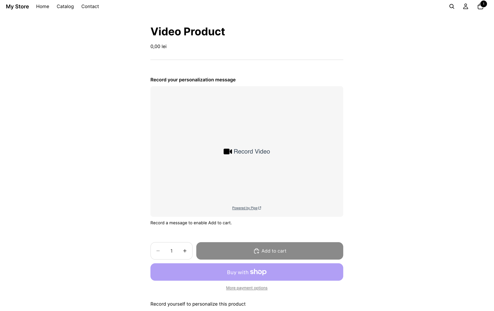 Addpipe recording client on a Shopify product page, positioned above the Add to cart button, ready for a customer to record a personal message