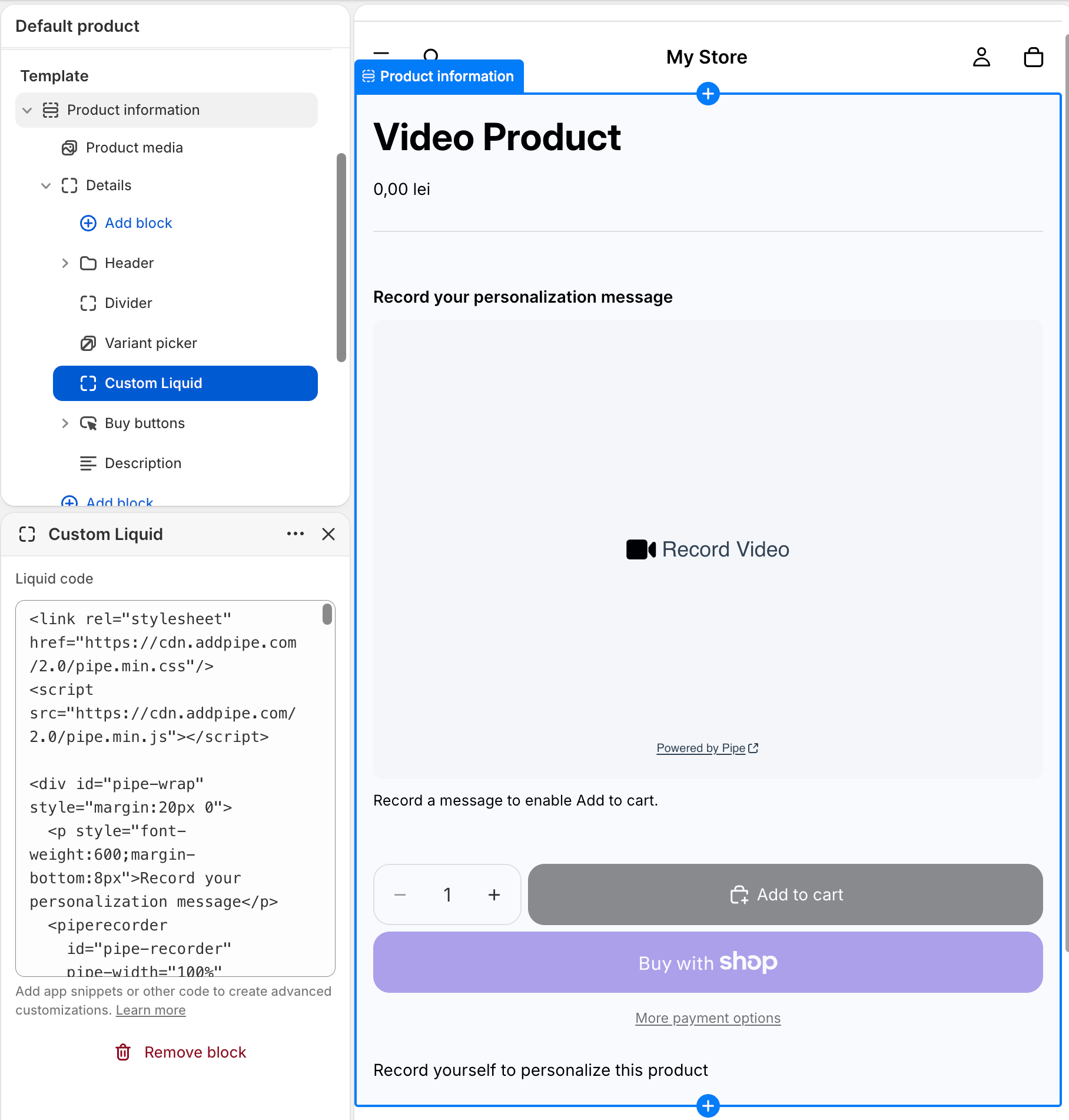 Shopify theme editor showing the Custom Liquid block positioned above the Buy buttons block on a product page