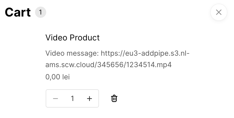 Shopify cart page showing a personalized video message link attached to a product line item