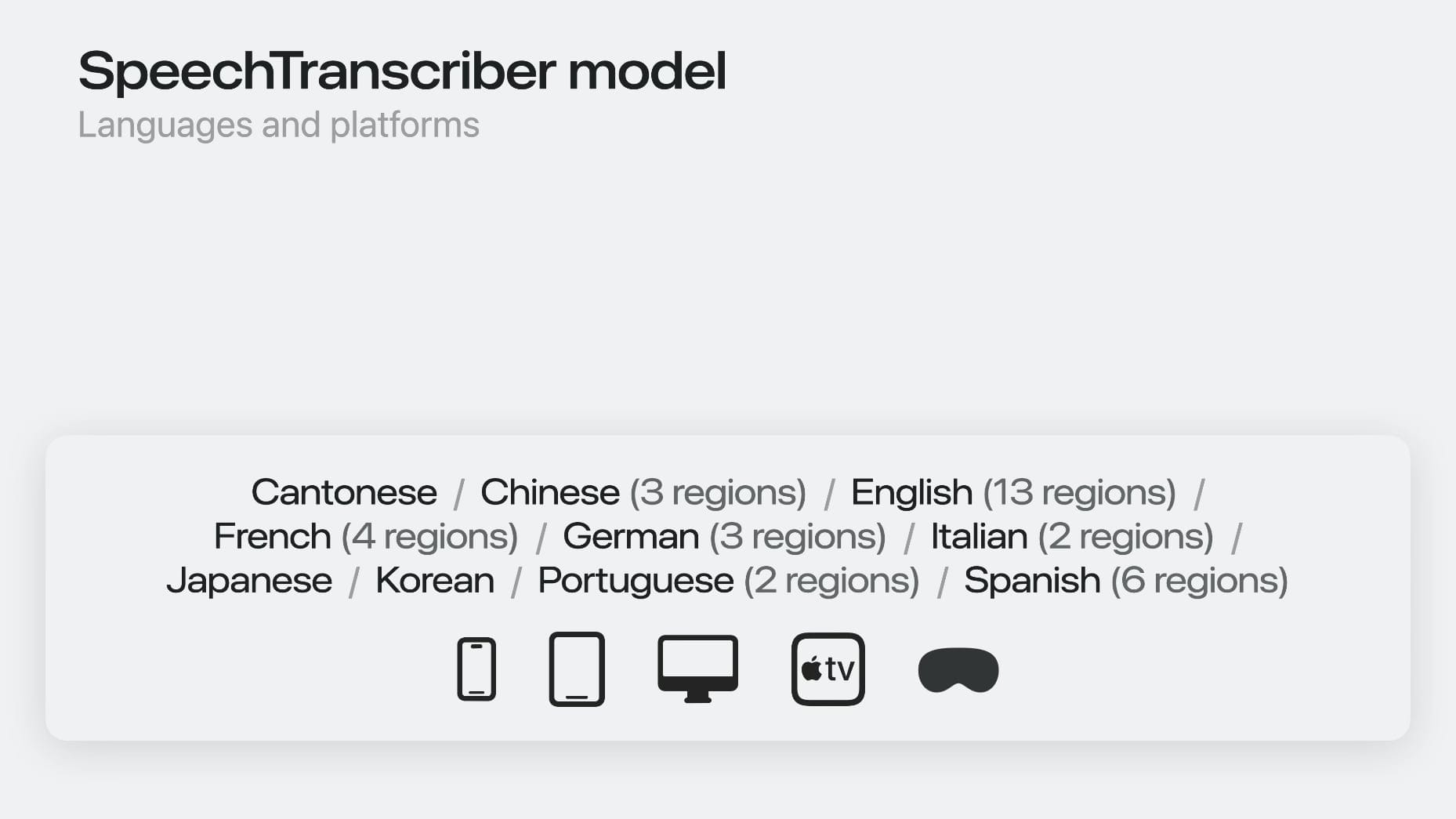 List of SpeechTranscriber supported languages at launch: Cantonese, Chinese, English, French, German, Italian, Japanese, Korean, Portuguese, Spanish
