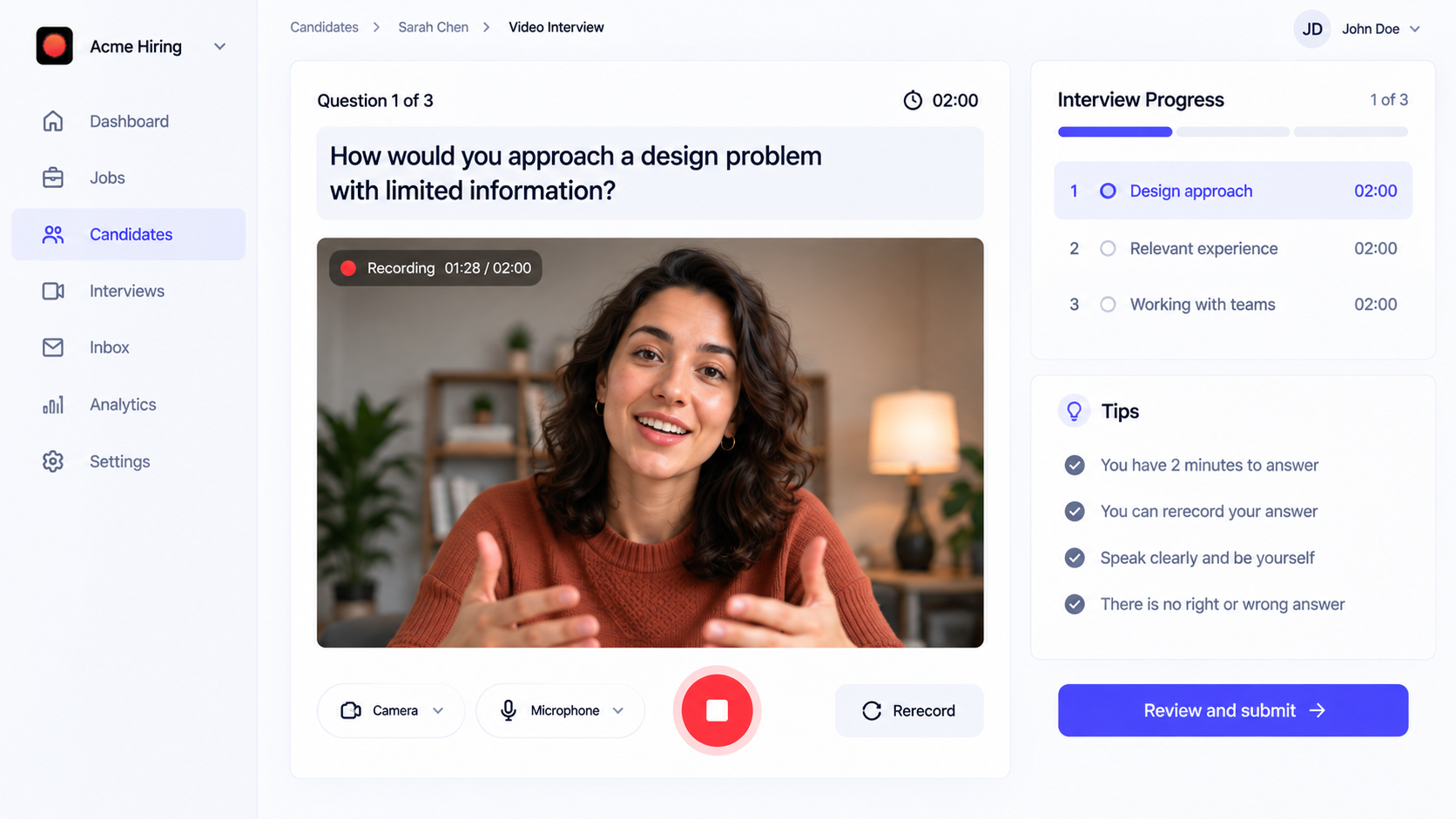 Conceptual recruitment platform interface with an embedded video recorder for candidates to record, replay and rerecord interview answers.