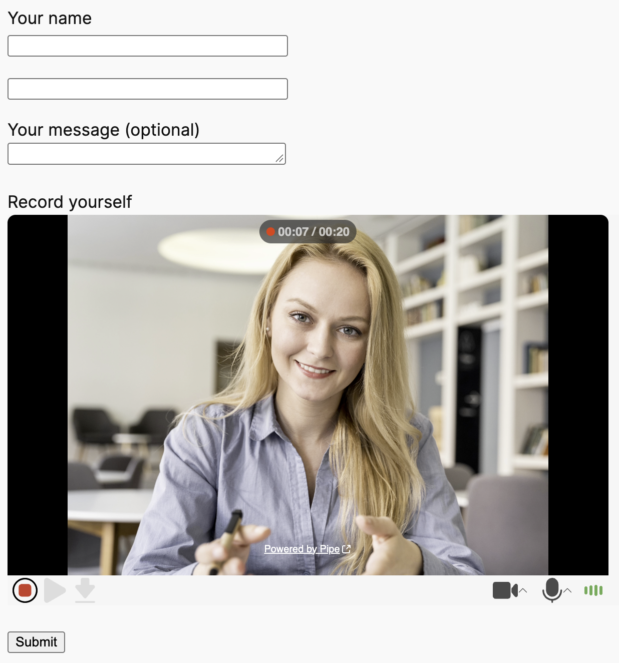 A Contact Form 7 form on a WordPress page with the Pipe recorder embedded below the message field, while a visitor records a video.