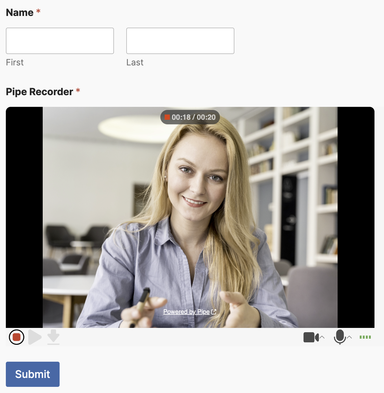 A WPForms form on a WordPress page with the Pipe Recorder field below the text fields, while a visitor records a video.