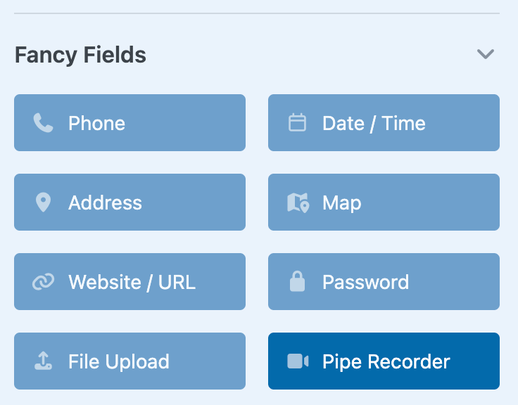 The WPForms form builder with the Pipe Recorder field added to a form and the Recorder dropdown open in the Field Options panel