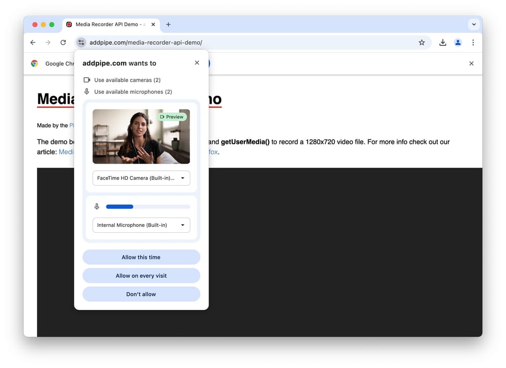 Preview Camera Turning on the new Camera and Microphone Selector & Preview in Chrome