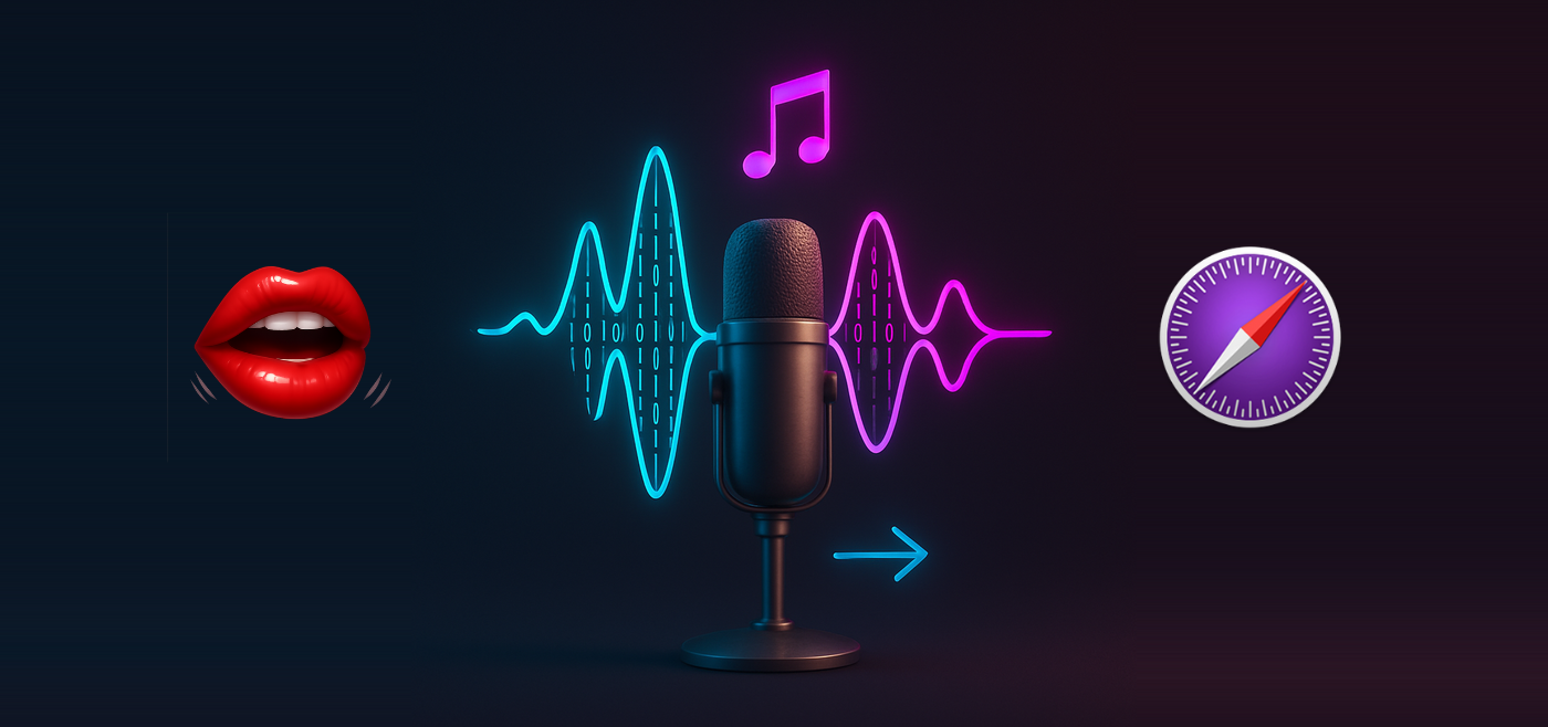 Sound traveling from talking red lips to a microphone and then to the Safari Technology Preview logo