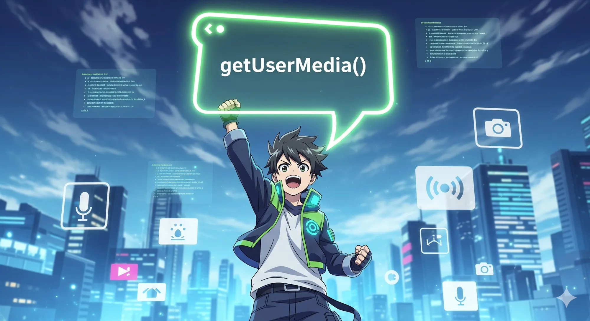 Person in anime style yelling getUserMedia()