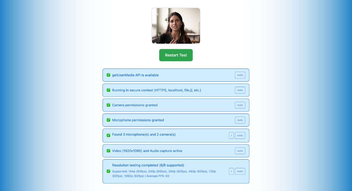 Photo showcase of the webcam tester library by Addpipe