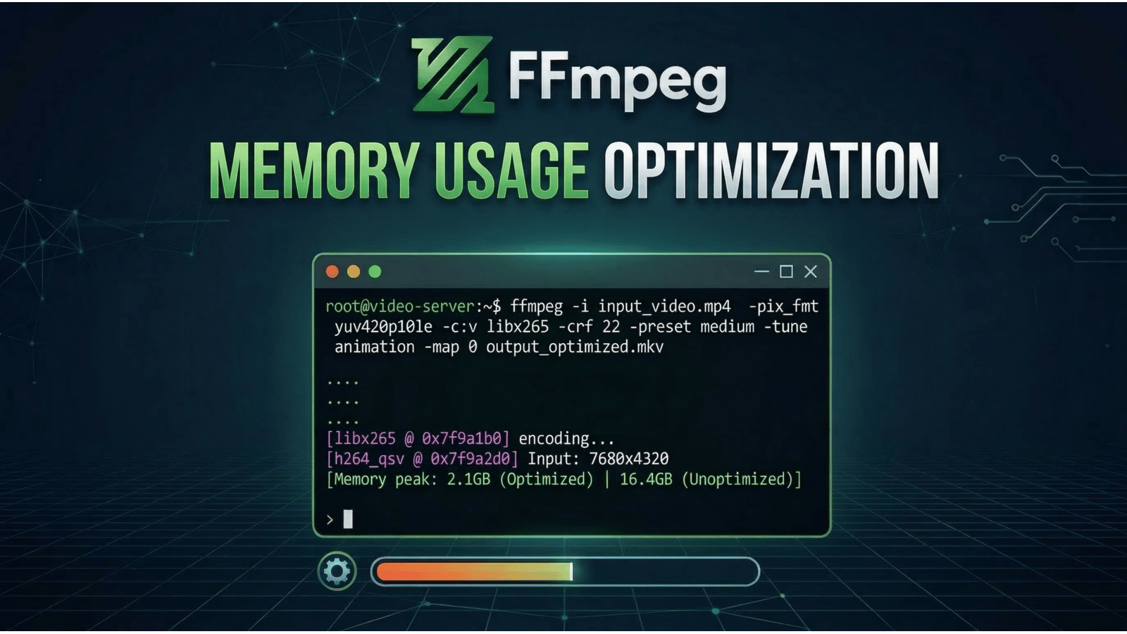 Image showing title FFmpeg Memory Usage Optimization and a terminal window with an FFmpeg command running