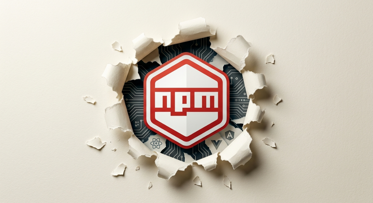 NPM logo breaking through the background revealing various javascript libraries and frameworks alongside it