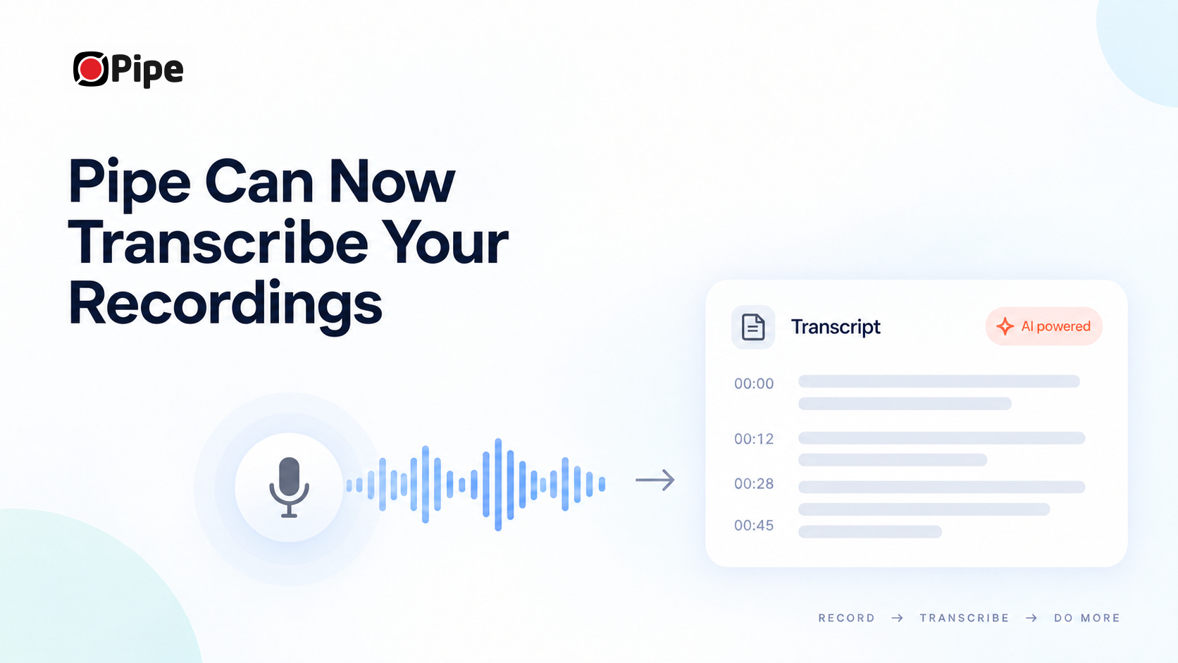 Hero image showing a microphone, sound waves and a transcript representing how Pipe now allows you to transcribe the audio from recordings.