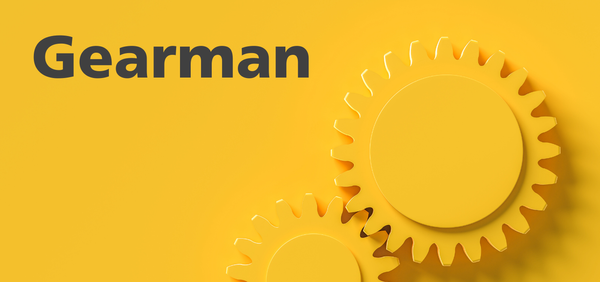 Gearman text on a yellow background with two cog wheels
