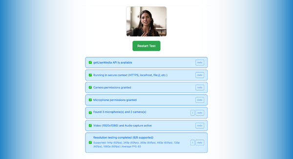 Photo showcase of the webcam tester library by Addpipe