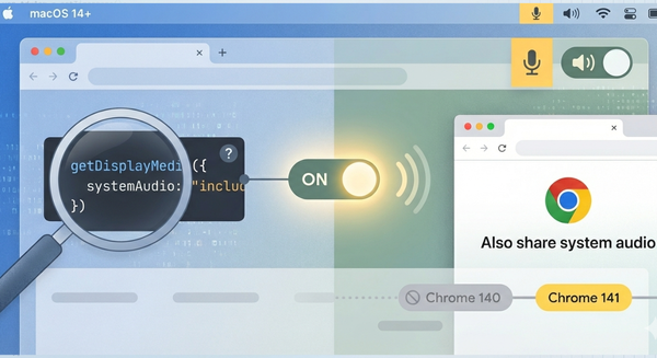 A graphic representing sharing system audio when screen recording with getDisplayMedia and systemAudio constraint on Chrome on macOS